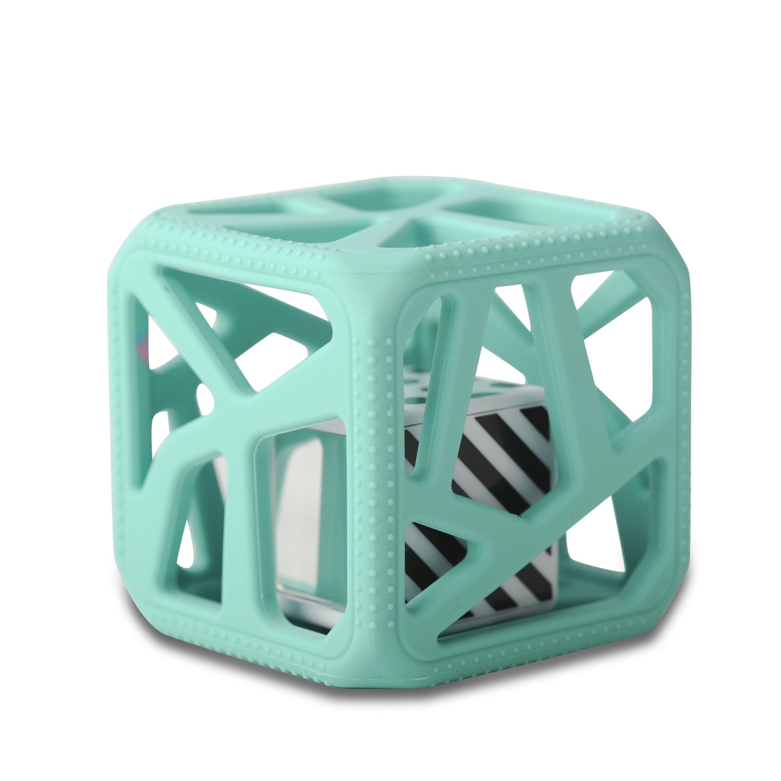 Teal textured cube with a black and white striped interior on a white background