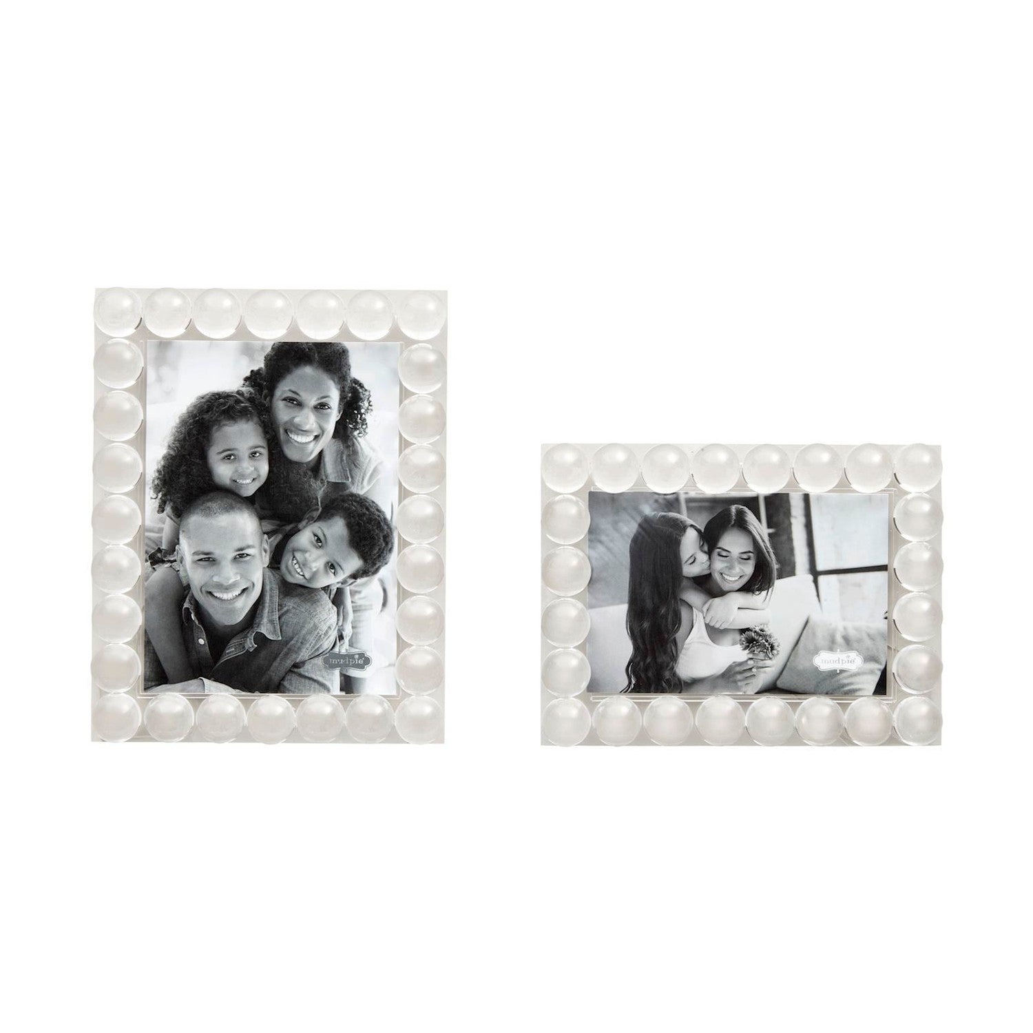 Two beaded acrylic picture frames with easel backs, one larger with a portrait of a family, and a smaller one beside it.