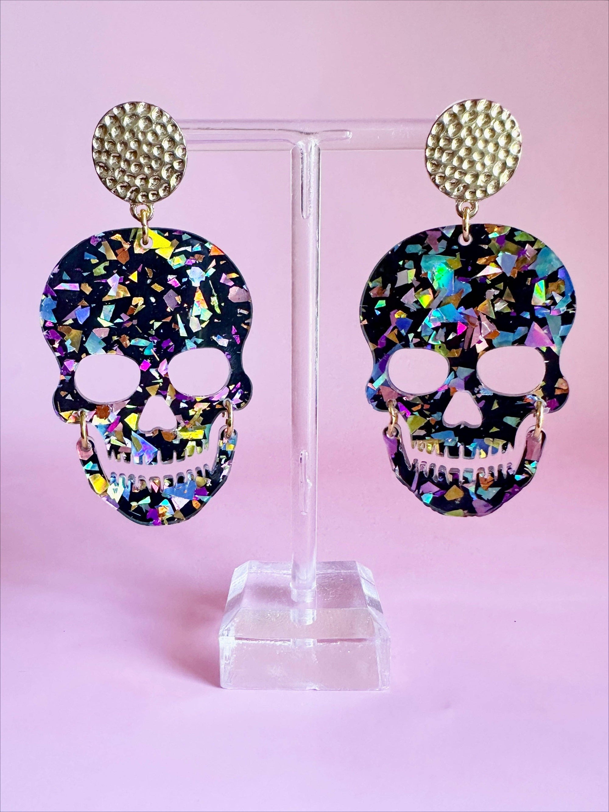 Midnight Confetti Acrylic Large Skull Earring