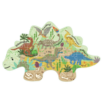 Digital illustration for a shaped jigsaw puzzle of a prehistoric landscape featuring labeled dinosaurs like a T-Rex and blue Stegosaurus alongside a vibrant orange meteor and buried white fossils