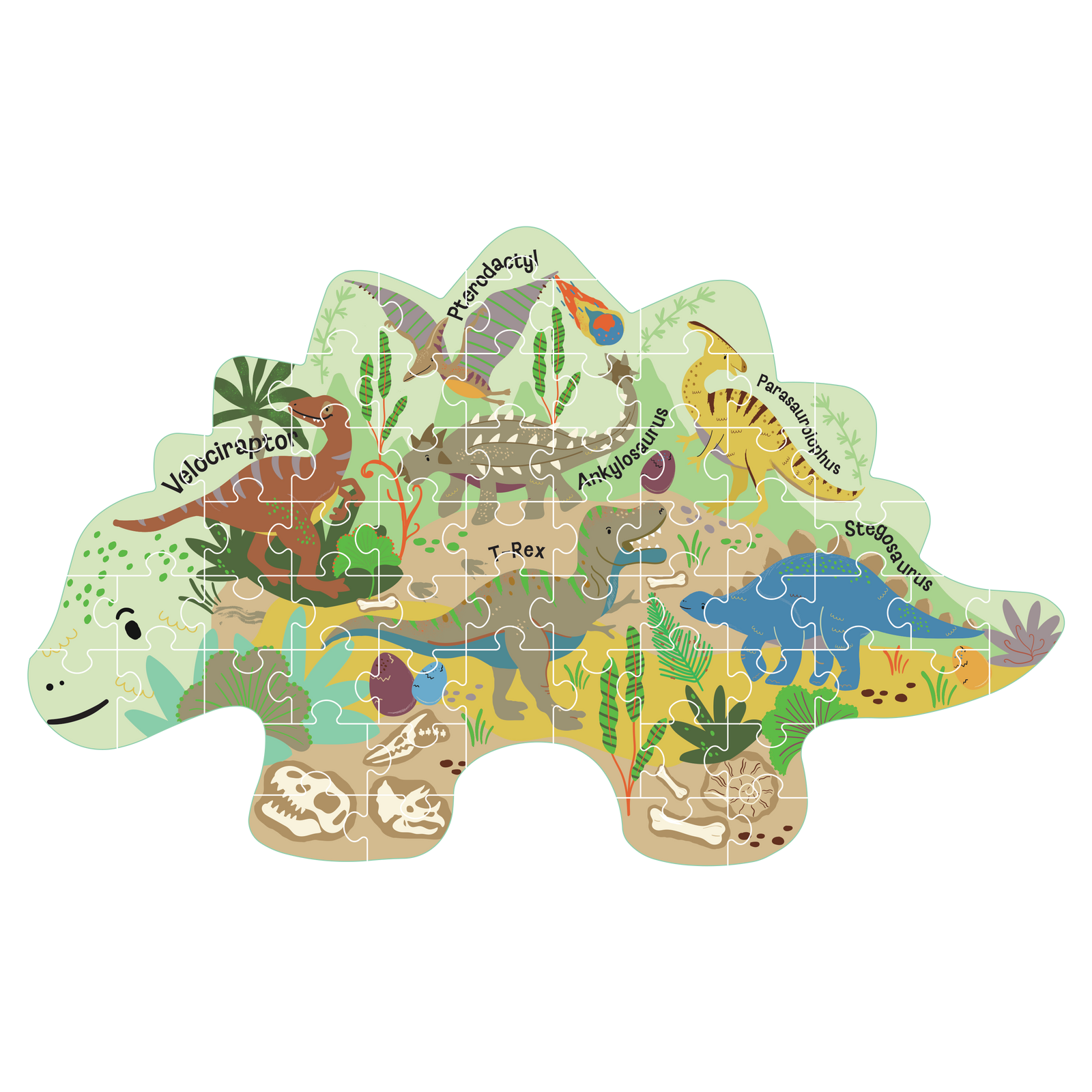 Digital illustration for a shaped jigsaw puzzle of a prehistoric landscape featuring labeled dinosaurs like a T-Rex and blue Stegosaurus alongside a vibrant orange meteor and buried white fossils