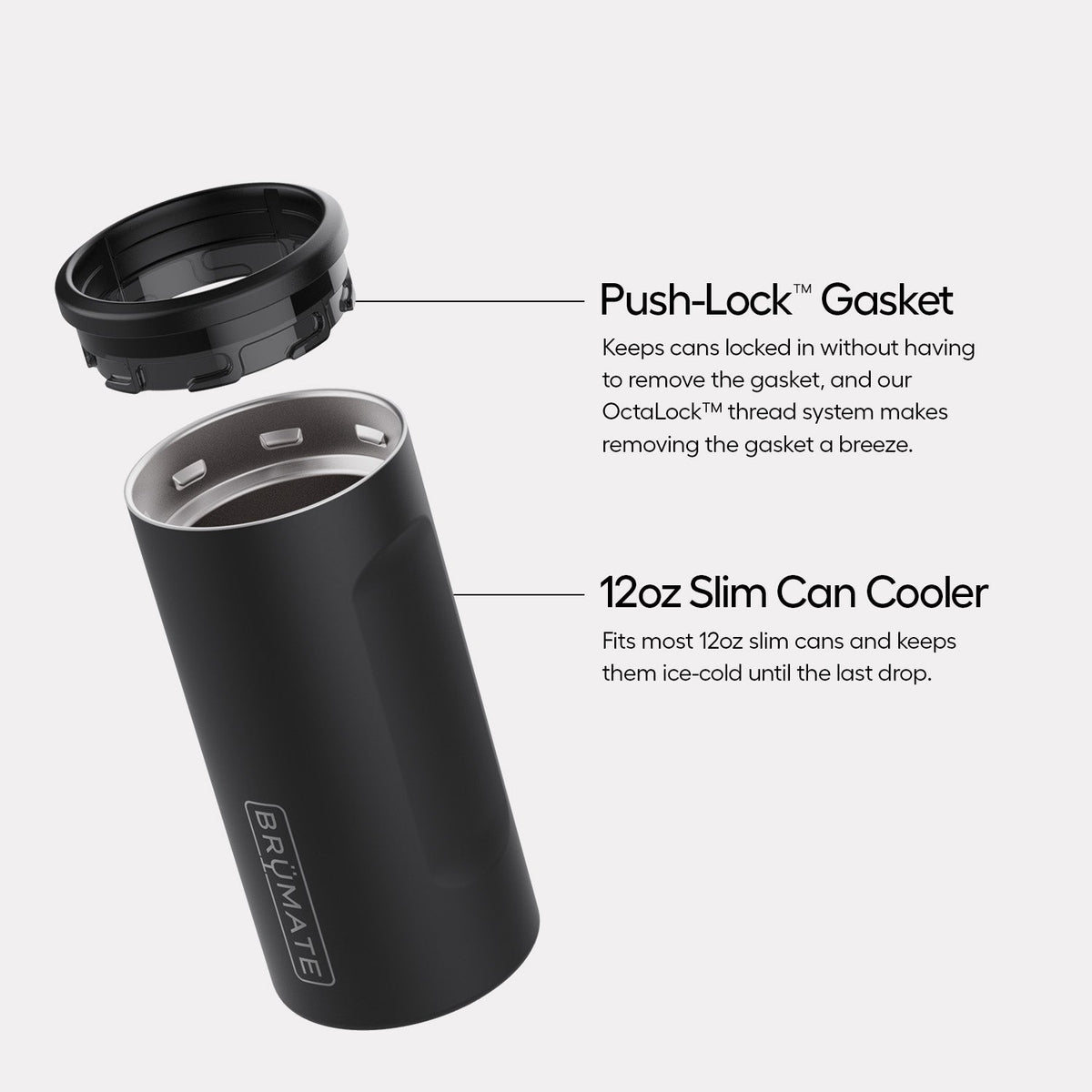 Black BrüMate slim can cooler diagram labeling the Push-Lock gasket and 12oz slim can cooler body