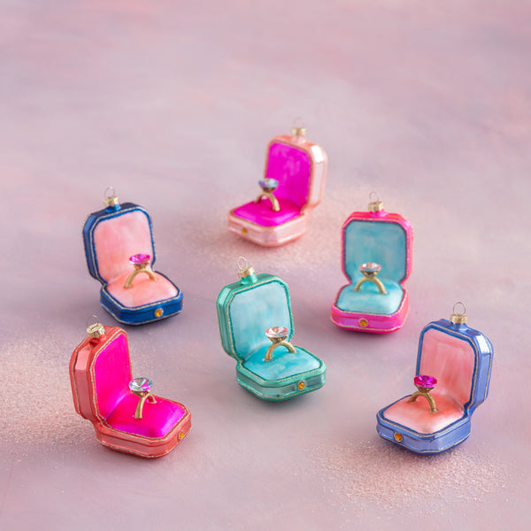 Glass ring box ornaments in navy, pink, teal and blue