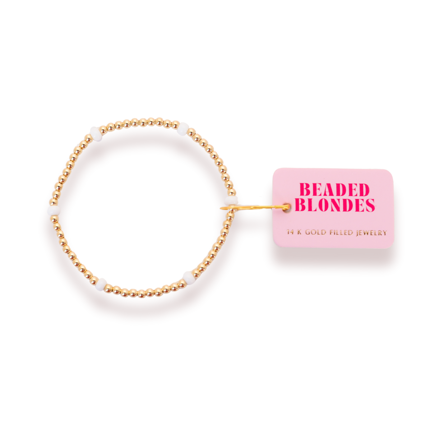 Gold beaded bracelet with a pink 'Beaded Blondes' box on a white background