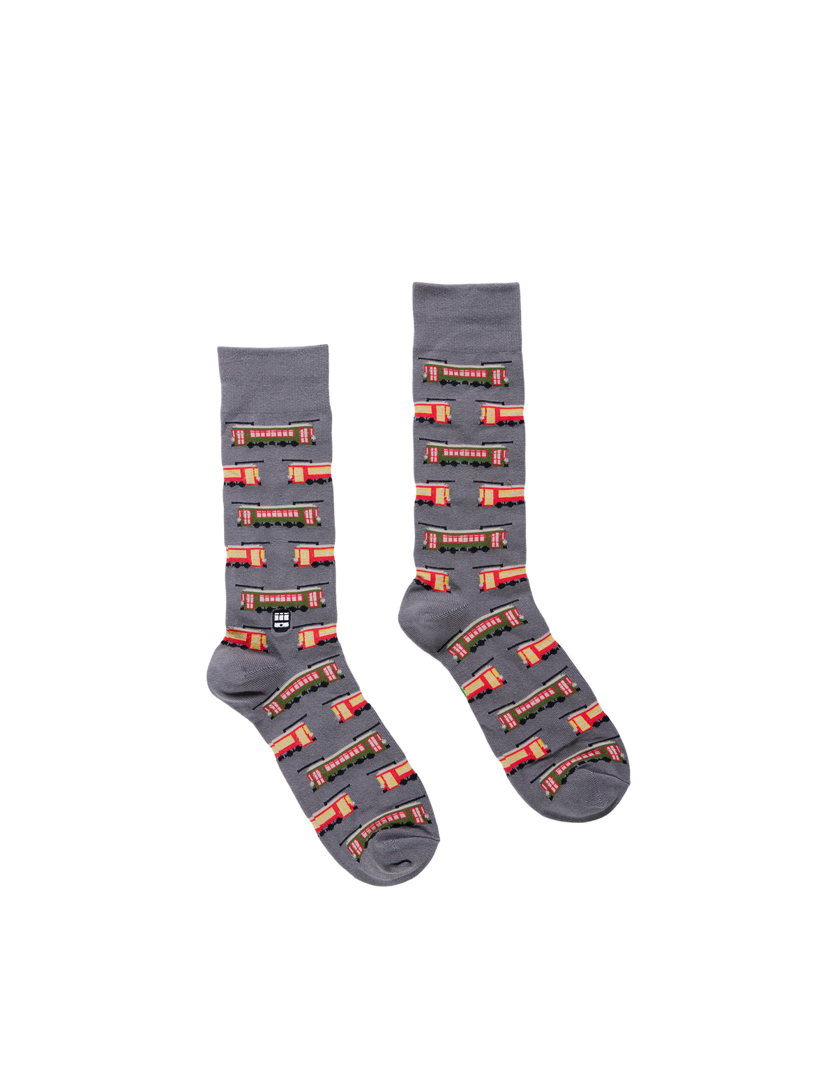 Pair of gray socks patterned with red streetcars