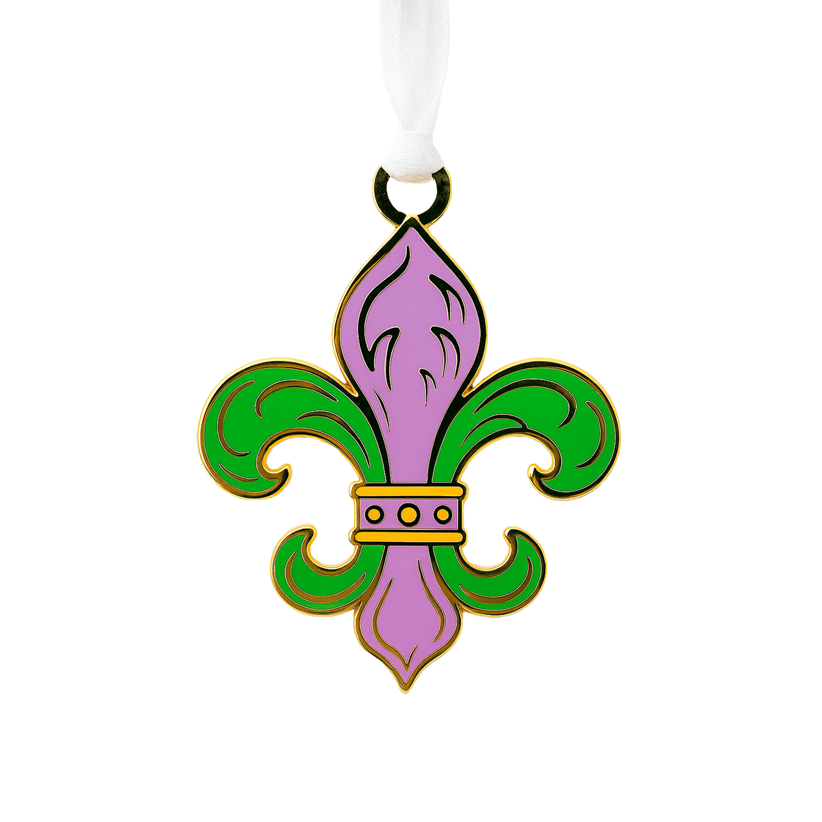 Gold and enamel fleur-de-lis ornament in purple, green and gold on a white ribbon