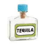 Small tequila bottle with a decorative label and blue cap on a white background