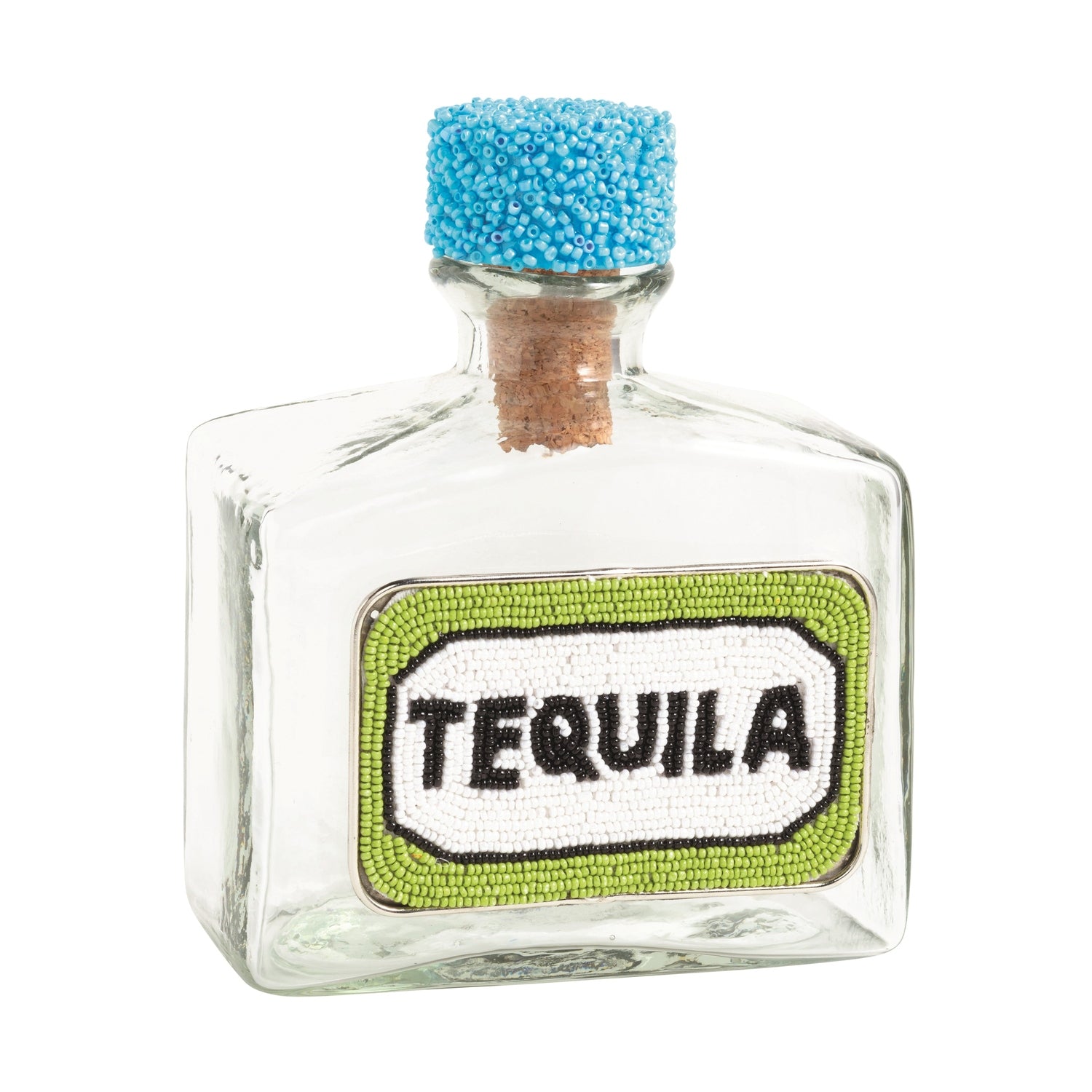 Small tequila bottle with a decorative label and blue cap on a white background
