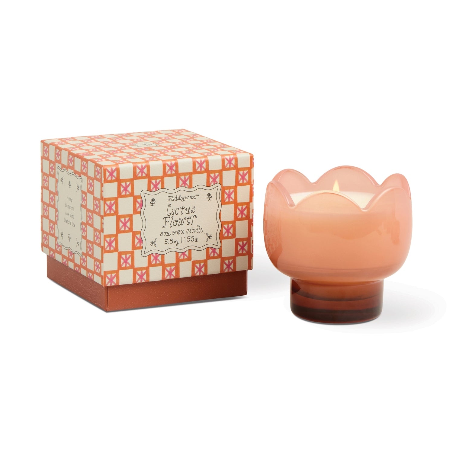 Tulip shaped candle with a decorative box on a white background