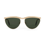 Sunglasses with gold frame and dark lenses on a white background