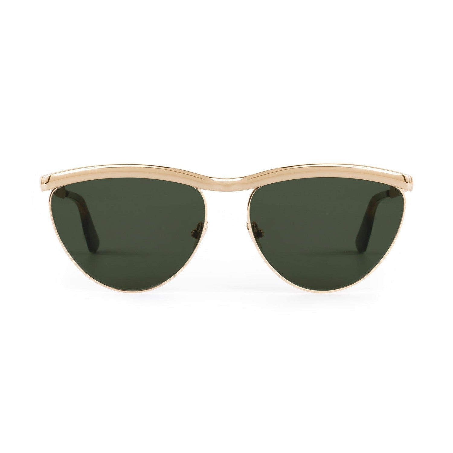 Sunglasses with gold frame and dark lenses on a white background