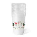 Stack of frosted party cups printed "making spirits bright" with cocktails and holly