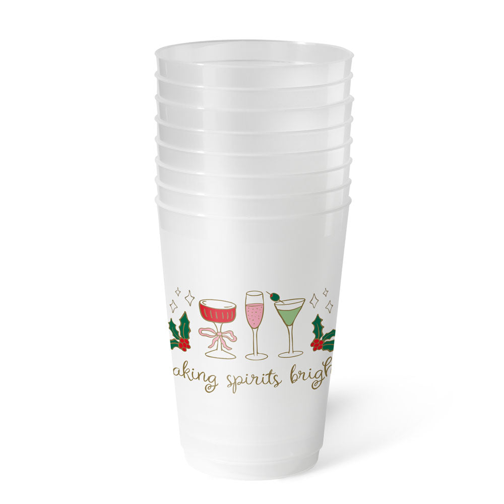 Stack of frosted party cups printed "making spirits bright" with cocktails and holly