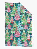 Teal hand towel printed with pink, green and aqua painted Christmas trees
