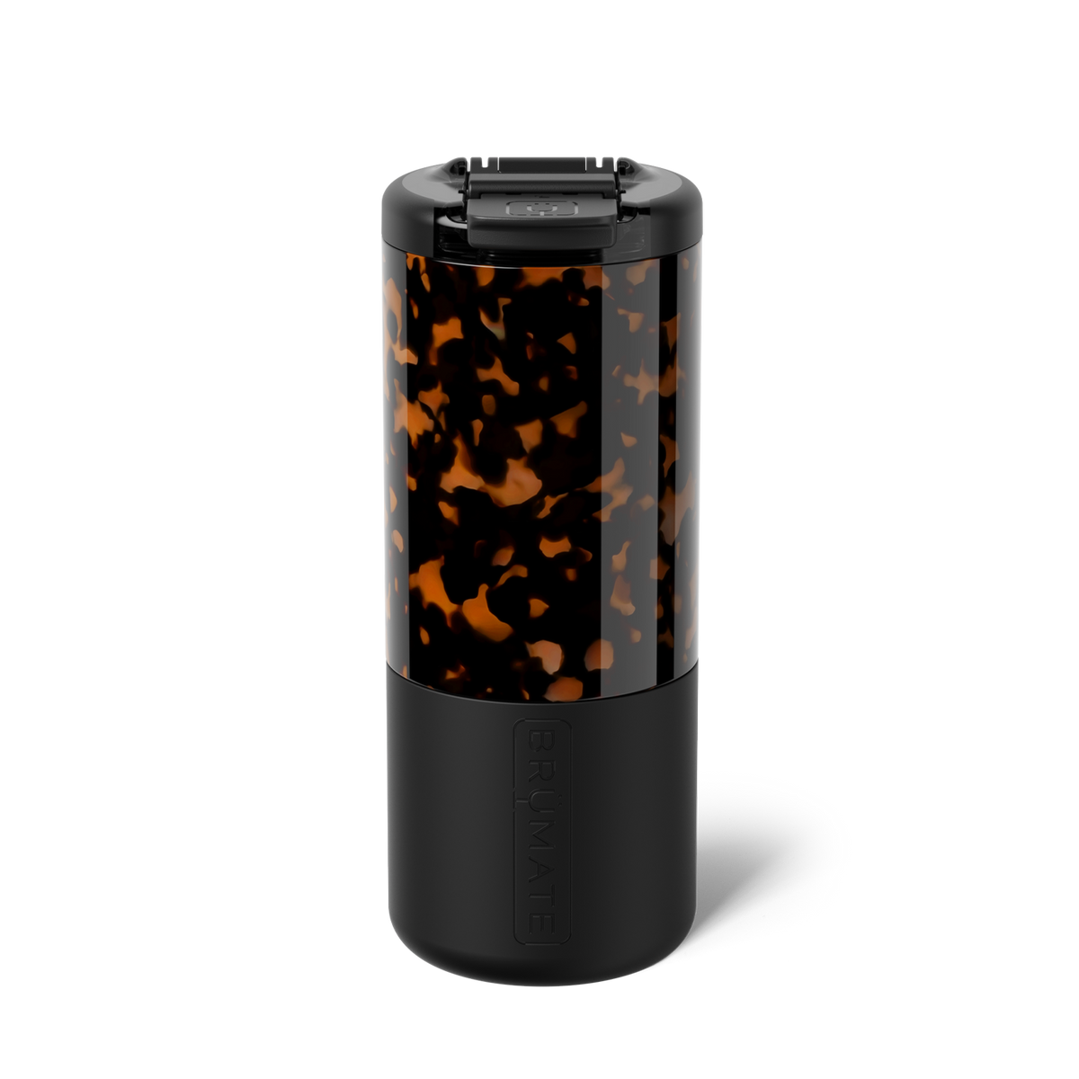 Tortoiseshell BrüMate travel tumbler with a black lid and base