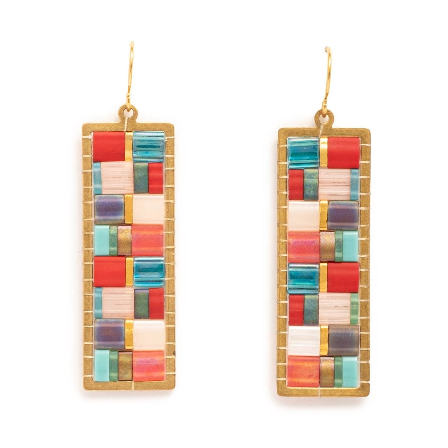 Aqua/Red - Mosaic Tila and Brass Earrings