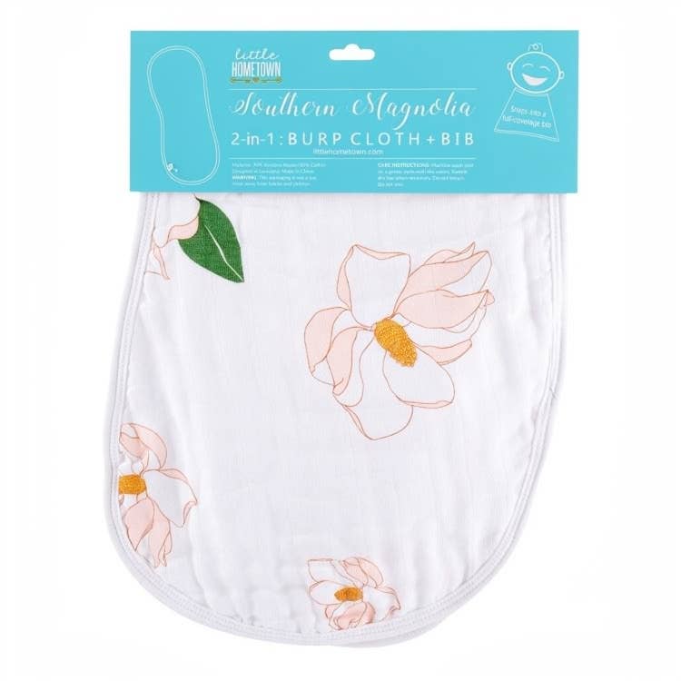 Little Hometown Southern Magnolia 2-in-1 burp cloth and bib with magnolia print