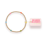Bracelet with colorful beads on a white background, featuring the brand 'Beaded Blondes'.