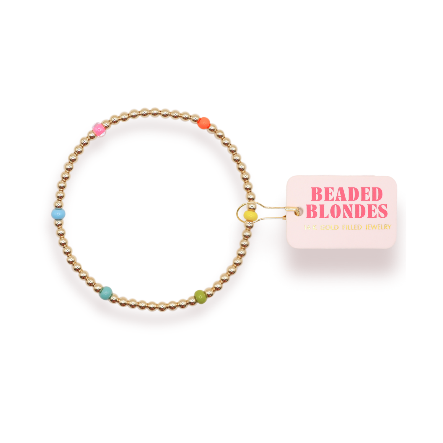 Bracelet with colorful beads on a white background, featuring the brand 'Beaded Blondes'.