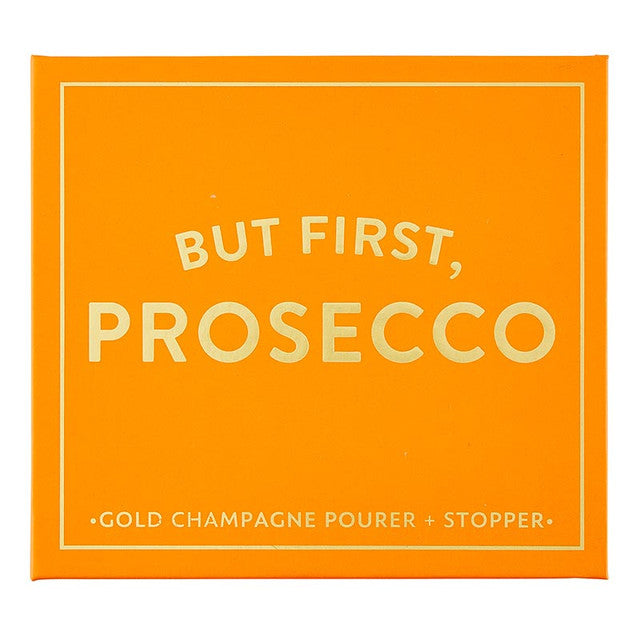 Orange book box reading But First, Prosecco