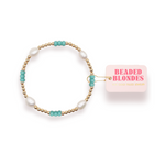 Beaded bracelet with turquoise and gold beads on a white background, featuring 'Beaded Blondes' packaging.