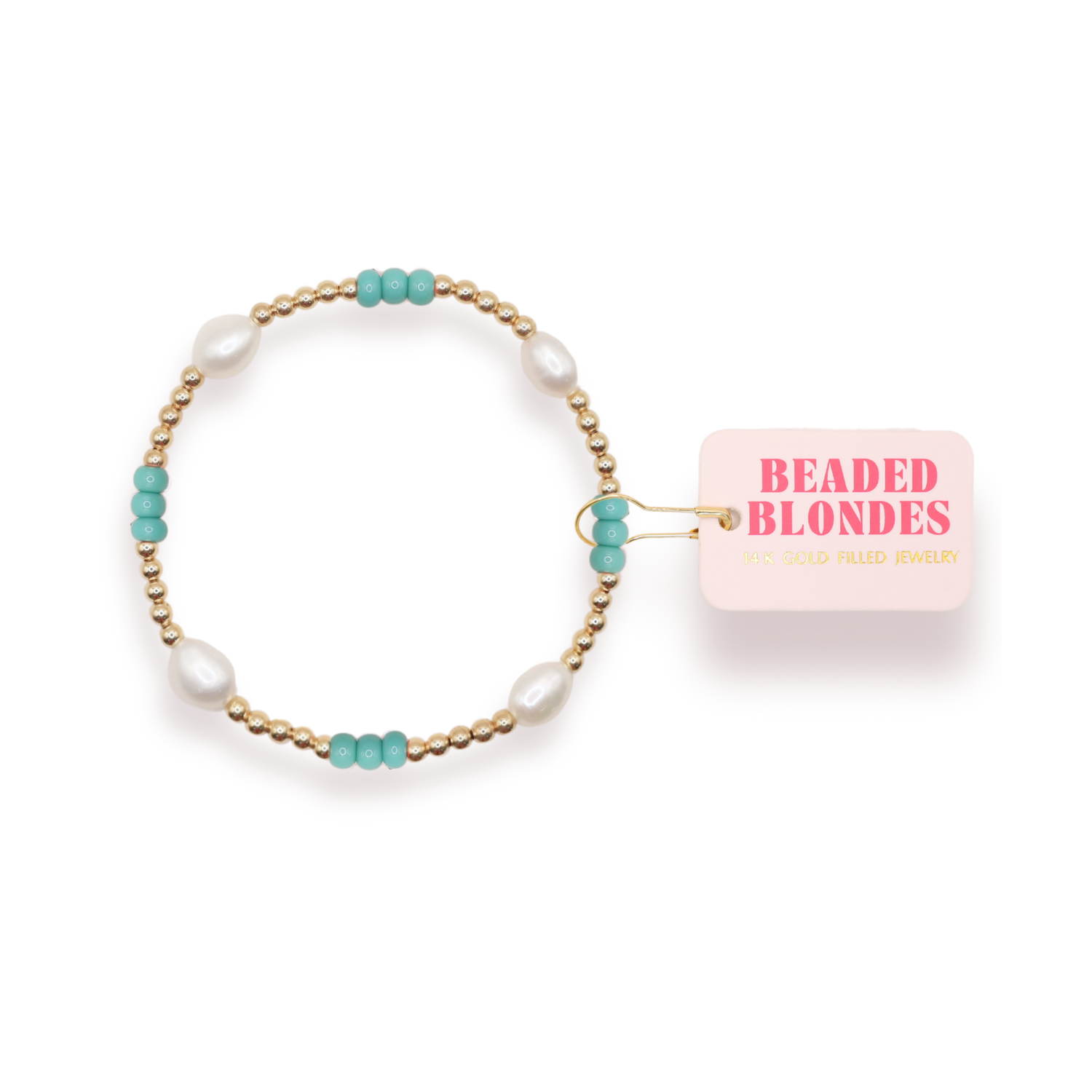 Beaded bracelet with turquoise and gold beads on a white background, featuring 'Beaded Blondes' packaging.