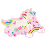 Shaped jigsaw puzzle illustration by Floss & Rock of a white unicorn leaping through a magical pink sky featuring a colorful rainbow ending in smiling clouds, a vibrant multi-colored mane, and smiling pastel flowers