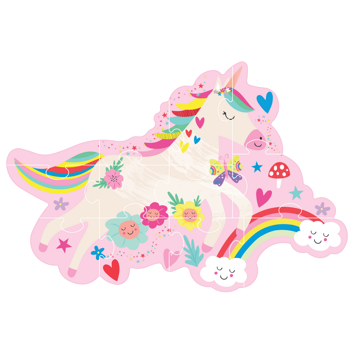 Shaped jigsaw puzzle illustration by Floss & Rock of a white unicorn leaping through a magical pink sky featuring a colorful rainbow ending in smiling clouds, a vibrant multi-colored mane, and smiling pastel flowers