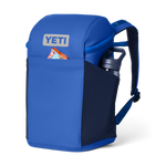 Blue YETI backpack with a water bottle and snack on a white background