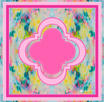 Square mat with a pink quatrefoil frame over a colorful abstract brushstroke background