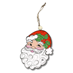 Acrylic Santa face ornament with a red holly-trimmed hat and white curly beard