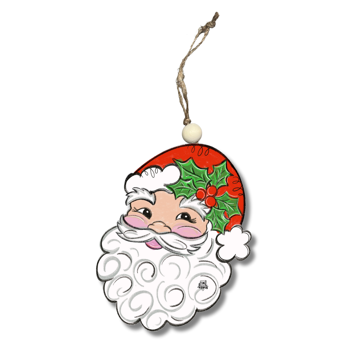 Acrylic Santa face ornament with a red holly-trimmed hat and white curly beard