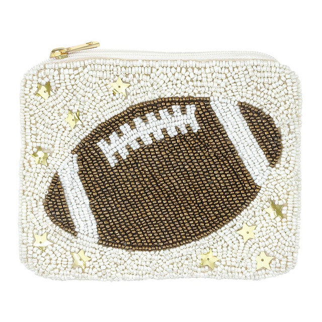 White beaded zip pouch with a brown beaded football and gold star sequins