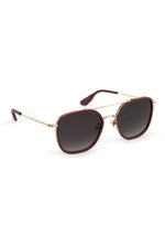 Burgundy and silver double-bridge sunglasses, angled view