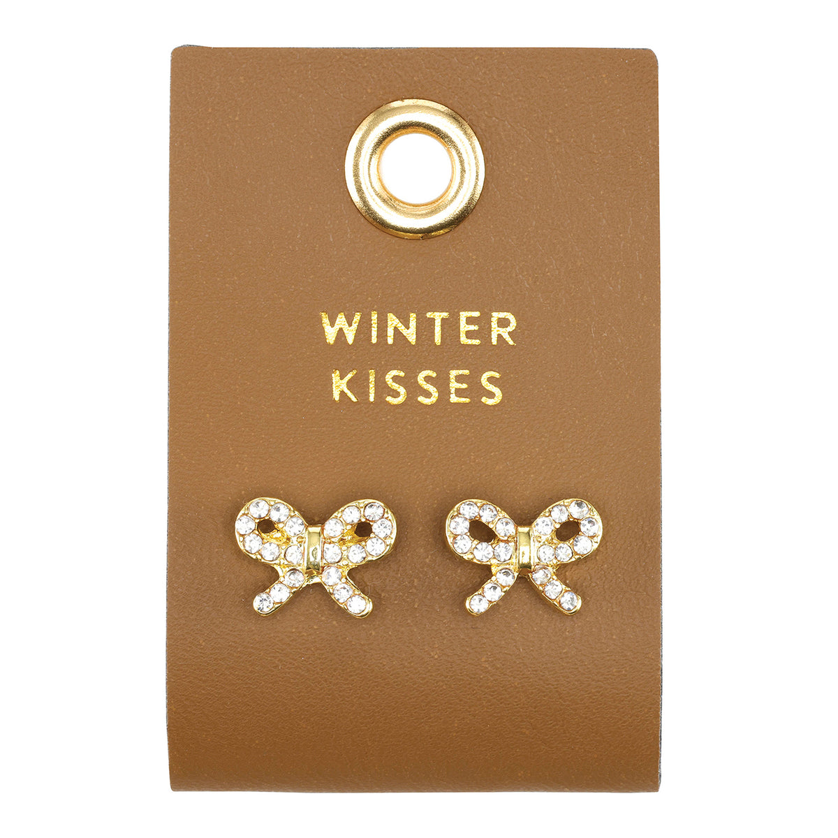 Crystal bow stud earrings on a brown Winter Kisses card