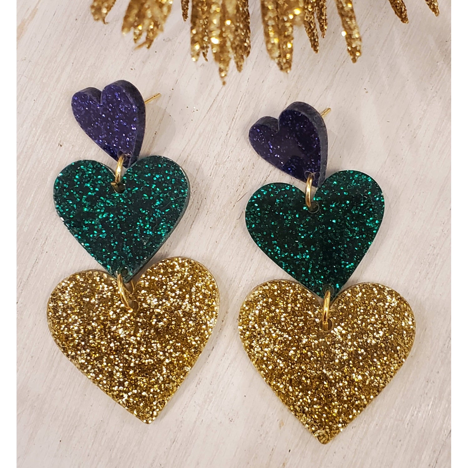 Mardi Gras 3 Heart Earrings