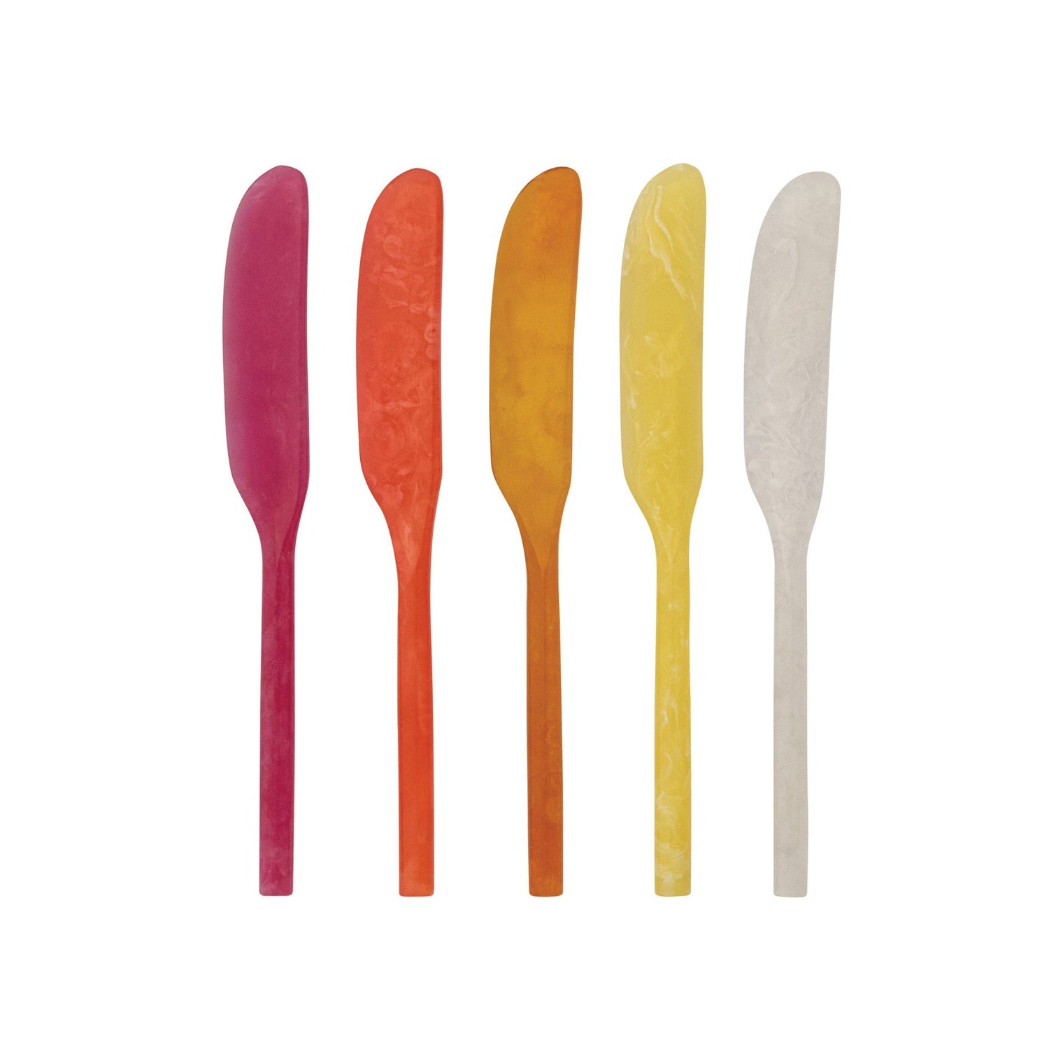 Five colorful knives in a row on a white background