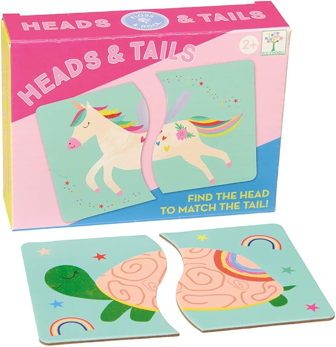 Heads & Tails matching game box with a unicorn, shown with two turtle cards that fit together