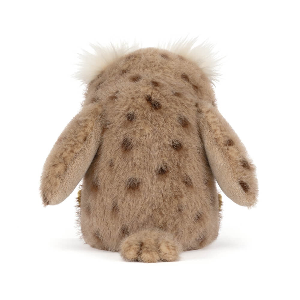 Brown spotted plush owl, back view