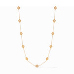 Gold chain necklace featuring nine evenly spaced clover shaped charms