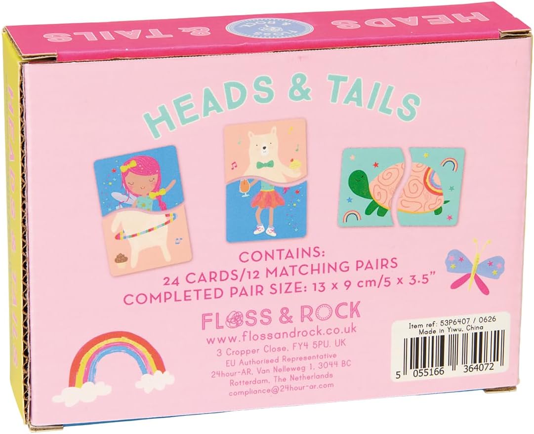Back of Floss & Rock Heads & Tails pink box: 24 cards, 12 matching pairs
