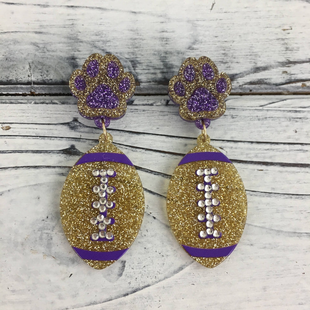 Purple & Gold Glitter Football Earrings
