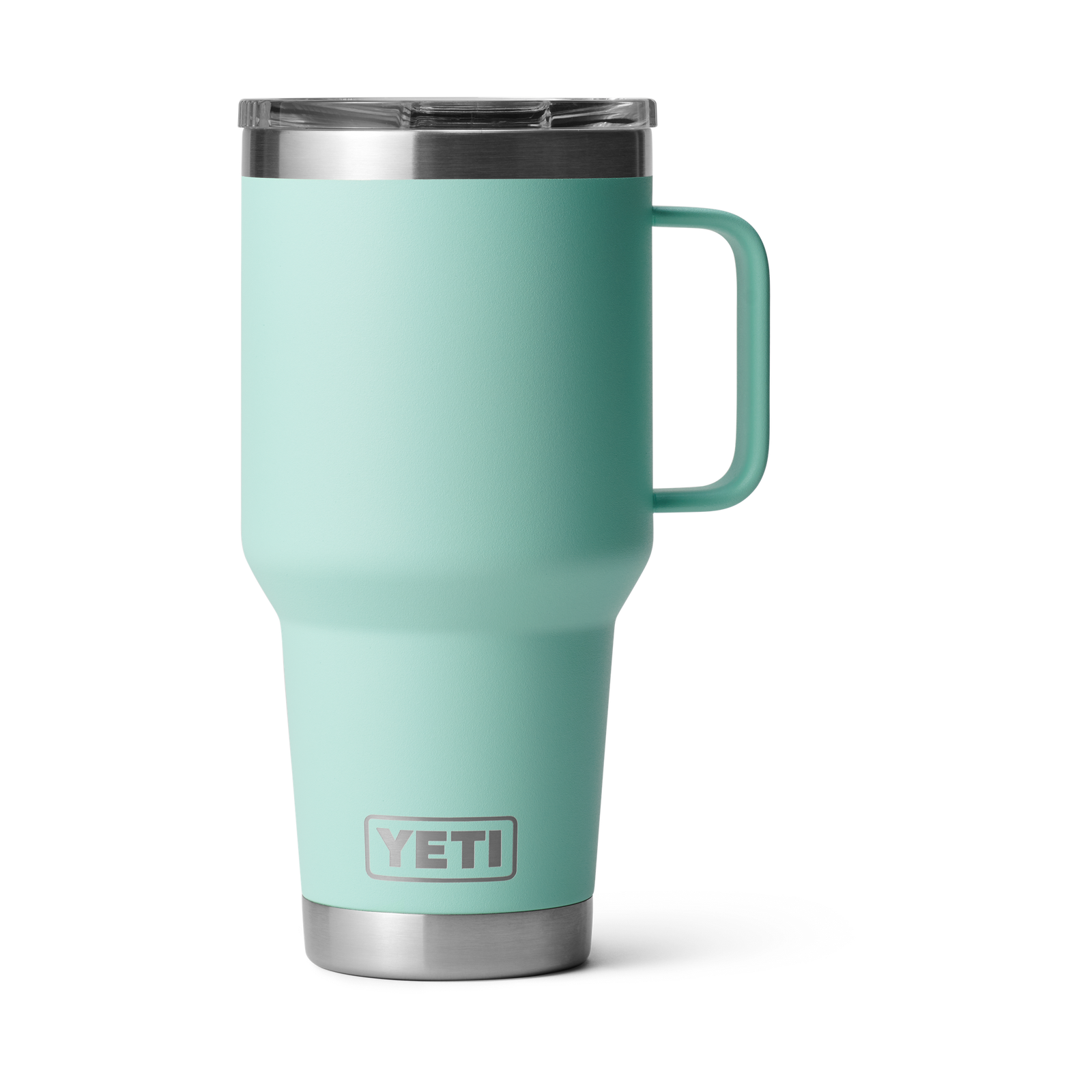 Mint green YETI mug with a handle on a white background