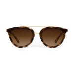 Sunglasses with tortoiseshell frame and brown lenses on a white background