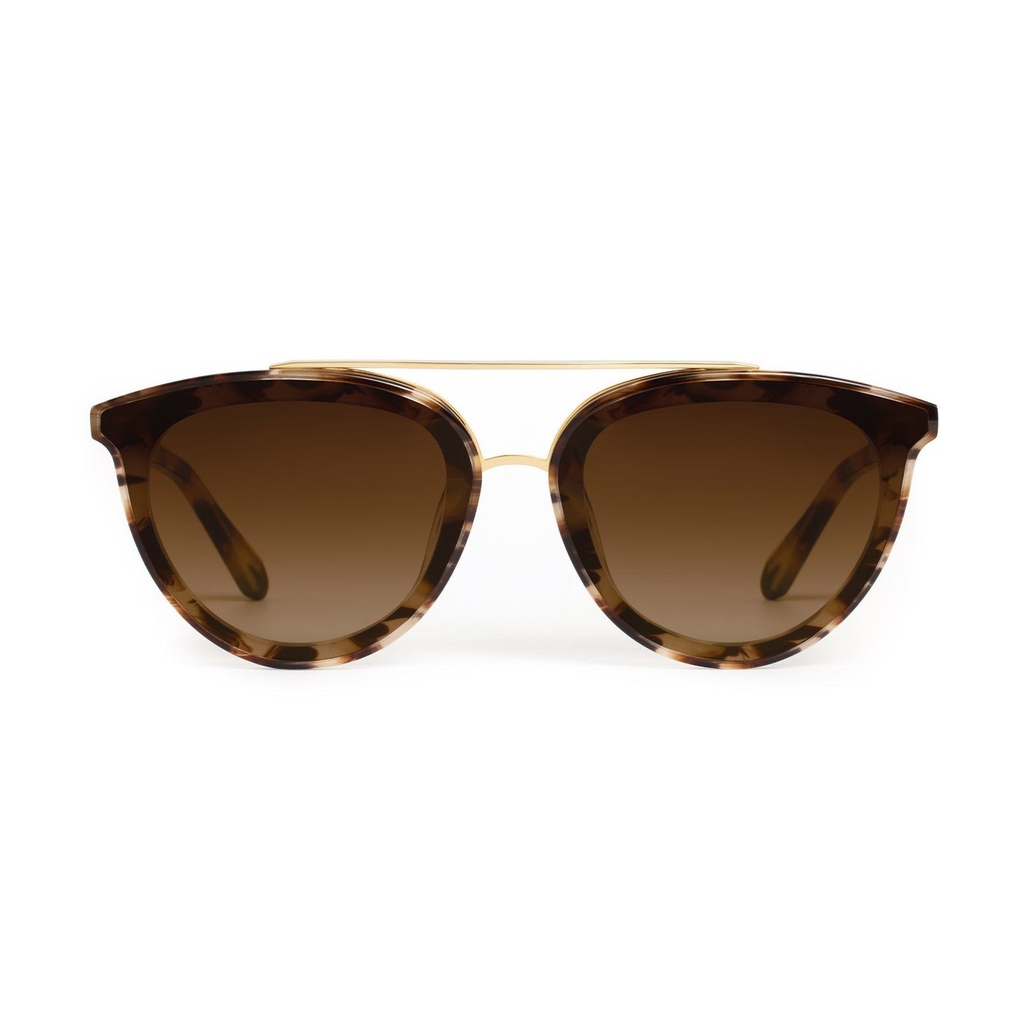 Sunglasses with tortoiseshell frame and brown lenses on a white background