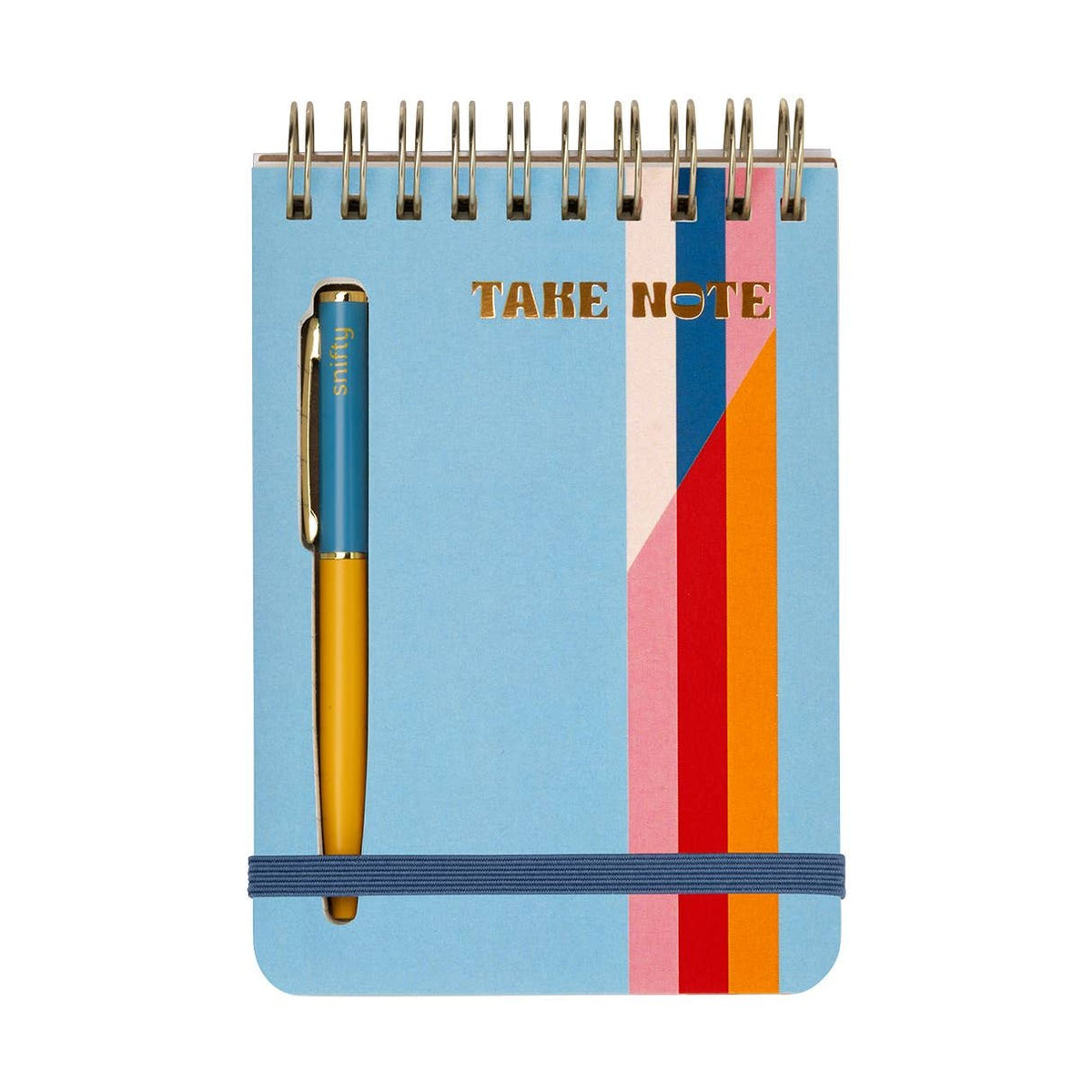 Light blue Take Note spiral notebook with a gold pen