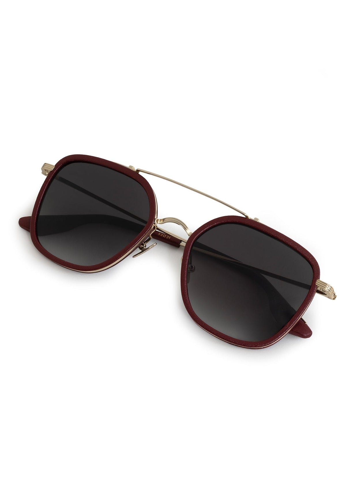 Burgundy and silver double-bridge sunglasses, folded