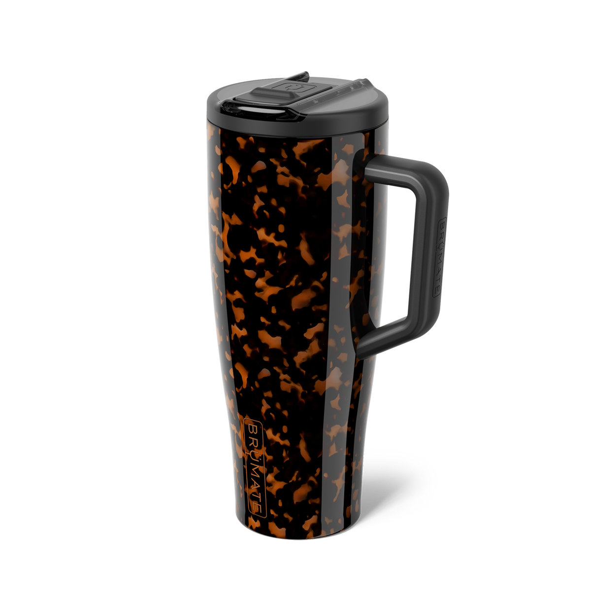 Tortoiseshell BrüMate tumbler with flip lid closed