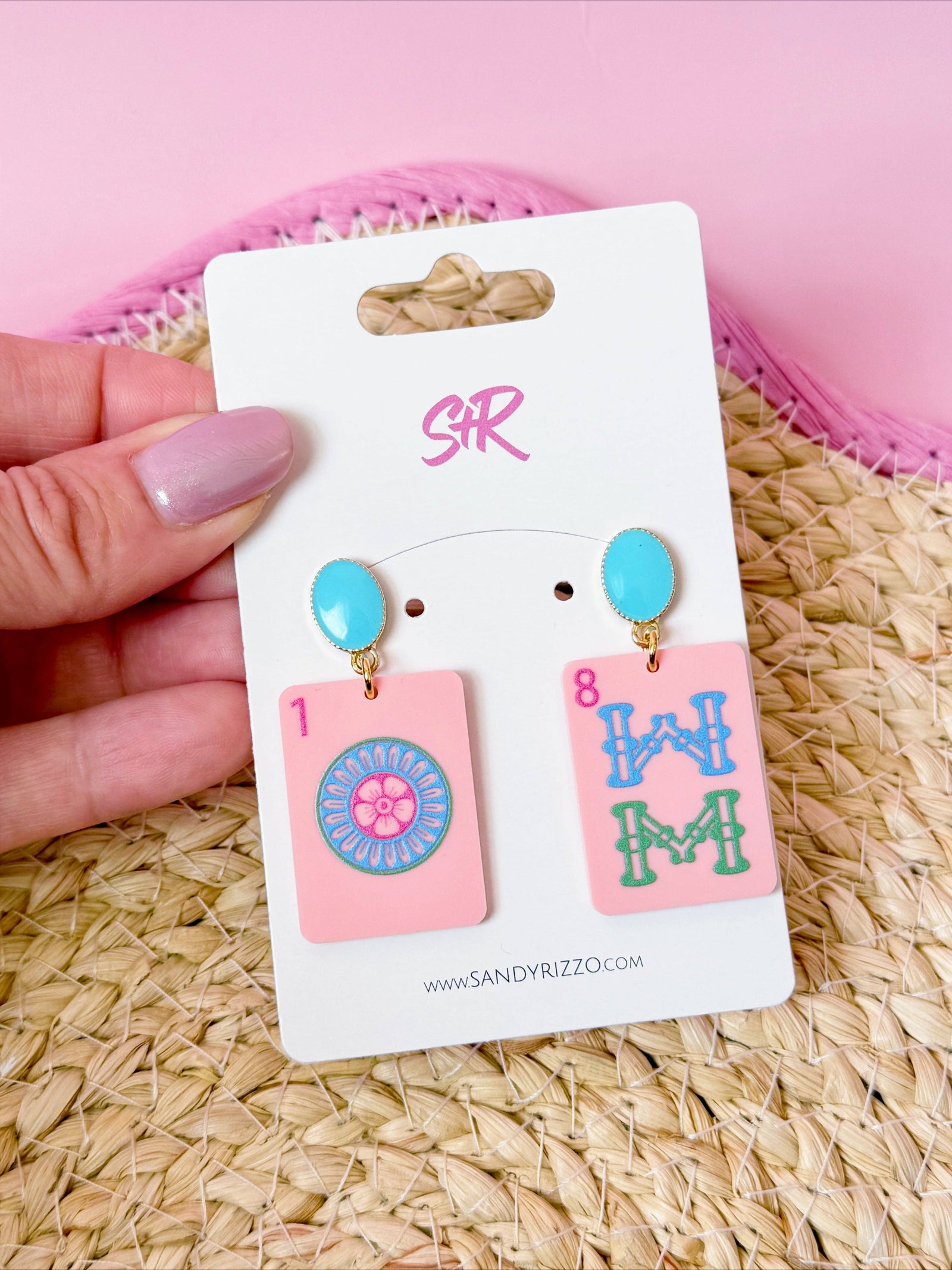 Pink Mahjong Dangle Earring