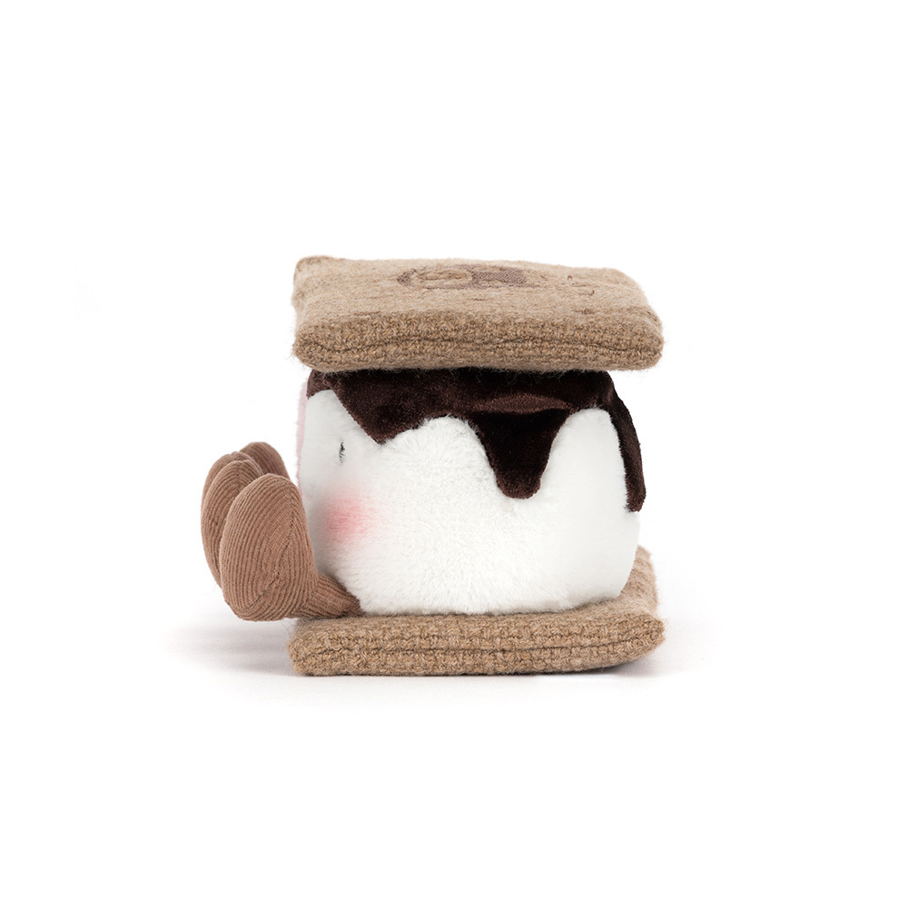 Side view of s'mores plush toy on a white background